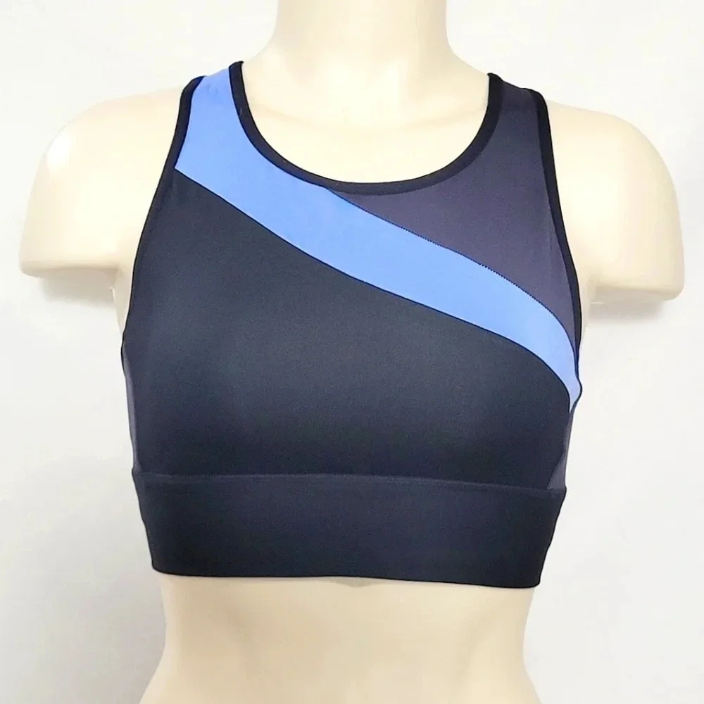 XS Champion C9 N9683 Asymetrical Longline Wire Free Sports Bra Blue Black NWT